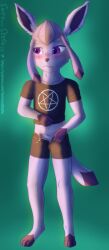 absurd_res anthro blush bodily_fluids bottomwear clothed clothing clothing_lift digital_media_(artwork) digital_painting_(artwork) dripping eeveelution exposed_belly femboy foreskin fur generation_4_pokemon genital_fluids genitals glaceon hi_res humanoid_genitalia humanoid_penis looking_away male midriff nintendo occult_symbol painting_(artwork) paws penis pentagram pentagram_top plantigrade pokemon pokemon_(species) pokemorph precum precum_drip purple_body purple_eyes purple_fur retracted_foreskin shirt shirt_lift shorts simple_background slim small_penis solo stellaamoris symbol topwear unzipped unzipped_shorts unzipping zipper
