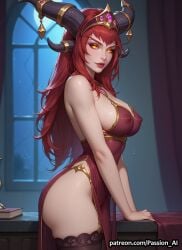 warcraft world_of_warcraft alexstrasza red_hair horns female seductive sheer_clothing sexy seductive_look glowing_eyes standing ass butt nipples erect_nipples breasts ai_generated passion_ai