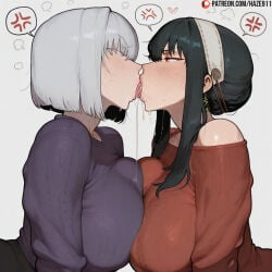 spy_x_family yor_briar yor_forger fiona_frost ai_generated haze911 breasts earrings jewelry tongue tongue_out anger_vein 2girls french_kiss large_breasts multiple_girls red_eyes saliva saliva_trail short_hair sweater yuri breast_press kissing black_hair blush from_side