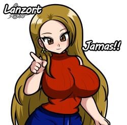 1girls alternate_version_available angelica_(lanzort) areolae artist_logo artist_name bad_id bad_twitter_id blonde_hair blush breasts brown_eyes bust_portrait clothing dirty_blonde_hair earrings female female_only full_body hi_res inactive_account jeans lanzort1 large_breasts long_hair looking_at_viewer lost_source original original_character pants pointing sfw simple_background smile solo spanish_text standing text translated white_background