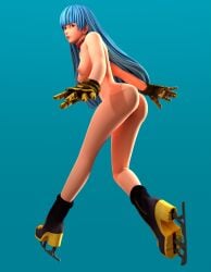 1girl 3d absurdres blue_hair boots breasts breasts_out full_body highres hime_cut ice_skates king_of_fighters king_of_fighters_xv kula_diamond long_hair modeling nude nude_modeling red_eyes shoes skates snk