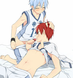 2boys akashi_seijuurou barefoot basketball_uniform blue_hair blush closed_eyes cum cum_in_mouth cum_string erect_nipples facial fellatio gay hair_pull kuroko_no_basuke kuroko_tetsuya male matching_hair_and_eyes multiple_boys nipples oral pants_open penis red_eyes red_hair shirt_lift sports sports_uniform tear uniform yaoi yellow_eyes