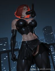 nyx_x ai_generated explicit 1girl breasts blush short_hair skirt large_breasts gloves 1boy navel cleavage bare_shoulders underwear green_eyes standing panties hetero pantyhose thighs red_hair pleated_skirt outdoors sky penis solo_focus choker black_gloves elbow_gloves midriff shiny miniskirt black_skirt lips crop_top black_panties saliva uncensored muscular night cameltoe ass_visible_through_thighs black_choker abs from_below oral testicles fellatio building night_sky corset shiny_clothes large_penis cityscape latex latex_gloves bloodrayne