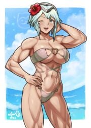 1girl ;d abs absurdres alluring alternate_costume arm_behind_head arm_up athletic_female bare_arms bare_shoulders bikini blue_hair cleavage collarbone commission dagr_(fire_emblem) female_abs fire_emblem fire_emblem_heroes fit_female flower gluteal_fold hair_flower hair_ornament hand_on_own_hip headpiece heart heart_o-ring highres intelligent_systems ko-fi_commission large_breasts looking_at_viewer muscular_female navel nintendo o-ring o-ring_bikini ocean one_eye_closed open_mouth outdoors rotomdocs sandals short_hair smile solo stomach swimsuit thighs underboob