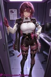 kafka_(honkai:star_rail) honkai(series) honkai:_star_rail 1girl gloves shorts solo purple_eyes eyewear_on_head breasts pantyhose shirt purple_hair smile white_shirt purple_gloves boots jacket looking_at_viewer hand_on_own_hip black_shorts large_breasts black_jacket high-waist_shorts long_sleeves collared_shirt black_footwear sunglasses pantyhose_under_shorts round_eyewear standing thigh_boots harness chest_harness indoors full_body open_clothes long_hair closed_mouth artist_name pince-nez hair_between_eyes tiles single_thigh_boot thigh_strap open_jacket patreon_username tile_floor purple_pantyhose web_address shirt_tucked_in lips thighs sidelocks swivel_chair cleavage jacket_on_shoulders hand_up clothing_cutout short_shorts watermark multicolored_hair monitor belt mionety ai_generated
