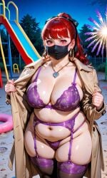 ai_generated belly belly_overhang blush bra chubby chubby_female exhibitionism facemask fat_female flashing garter_belt garter_straps hair_ribbon hires hoop_earrings kasumi_yoshizawa lace-trimmed_panties lace_bra large_breasts lingerie long_hair mask necklace nervous panties persona persona_5 red_eyes red_hair sumire_yoshizawa thick_thighs thighhighs thong trenchcoat