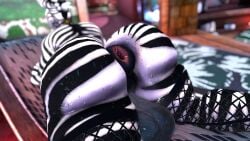 3d ass_focus big_ass big_balls blurry_background donut_anus femboy fishnets furry laying_on_stomach male puffy_anus self_upload solo sweat vrchat zebra