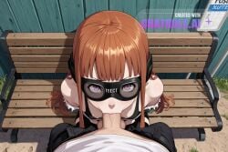1girl ai_assisted ai_generated balls_deep bus_stop cowboy_shot deep deepthroat dominated elbow_rest facing_viewer hands_behind_back high_quality highres looking_at_viewer mature_female orange_hair persona_5 petite_body pov purple_eyes ripped_clothes sakura_futaba sitting sitting_on_knees skinny small_breasts small_tits solo table tiny_tits young