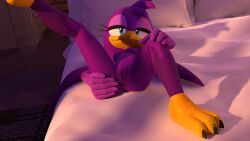 3d 3d_(artwork) anthro avian avian_feet beak bed bird blender_(artwork) blender_cycles_(artwork) blue_eyes breasts dargotdruid digital_media_(artwork) eyelashes feathers feet female front_view furniture genitals head_feathers head_tuft hirundinid looking_at_viewer lying nude on_back on_bed oscine passerine purple_body purple_feathers raised_leg sega small_breasts solo sonic_(series) sonic_riders sonic_the_hedgehog_(series) swallow_(bird) talons thick_thighs toes tuft vulva wave_the_swallow wide_hips