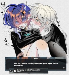 1boy 1girls belle_(zenless_zone_zero) blindfold blue_hair blush bondage breath_cloud brother_and_sister dark_blue_hair english_text feyy game_ui green_eyes grey_hair hairclip heavy_breathing highres hoyoverse implied_incest incest light-skinned_female light-skinned_male light_skin looking_at_partner medium_breasts mihoyo older_brother open_mouth shirt_lift text underboob wise_(zenless_zone_zero) younger_sister zenless_zone_zero