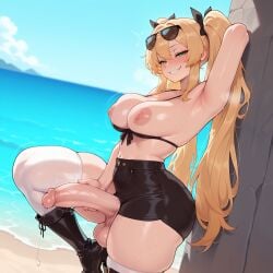 zeroofhearts ai_generated hornet_(azur_lane) azur_lane 1futa futanari solo long_hair breasts looking_at_viewer blush smile blonde_hair large_breasts thighhighs twintails nipples green_eyes swimsuit bikini sweat boots outdoors sky penis shorts day armpits grin white_thighhighs uncensored ocean beach testicles sunglasses trembling bikini_top_only eyewear_on_head