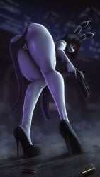 2026 3d_(artwork) absurd_res anthro bare_shoulders bent_over big_butt black_bottomwear black_clothing black_footwear black_hair black_high_heels black_lips black_loincloth black_shirt black_topwear blurred_background bob_cut bodily_fluids bottomwear bottomwear_aside breasts butt cartridge_case city clothing clothing_aside digital_media_(artwork) dripping dutch_angle eyewear female footwear genital_fluids genitals glasses glistening glistening_body gun gun_smoke hair hi_res high_heels holding_gun holding_object holding_ranged_weapon holding_weapon innie_vulva lagomorph lamoz571 leporid lips loincloth loincloth_aside machine mammal medium_breasts medium_hair night outside rabbit ranged_weapon red_eyewear red_glasses robot robot_anthro shirt shoes smoke solo source_filmmaker_(artwork) thick_thighs topwear vaginal_fluid_drip vaginal_fluids vaginal_fluids_on_leg vulva watermark weapon wearing_glasses white_angel_(doctorpurple2000) white_body