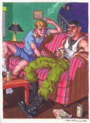 2001 2boys age_difference arm_hair armpit_hair black_hair blonde_hair boots bulge can chest_hair cigarette couch dated dog_tags gay indoors lamp light_skin living_room male male_only michael_kirwan military muscular nipples_visible_through_clothing original penis_outline penis_through_leghole portrait_(object) shorts socks table tank_top traditional_media white_tank_top wristwatch yaoi