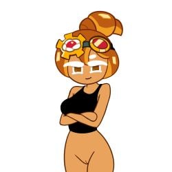 1girls almost_naked alternate_version_available arms_crossed bottomless codestraws cookie_run cookie_run_ovenbreak croissant_cookie goggles goggles_on_head ponytail pussy simple_background tan_body tanktop topwear_only white_background