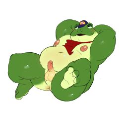 1boy 2d amphibian anthro anus balls belly blush butt circumcised clothing digital_media erection fat fat_male frog full_body genitals hat headgear headwear hi_res kerchief lying male male_only muttonchp navel neckerchief neckwear nintendo nipples nude on_back overweight overweight_male penis slippy_toad small_penis smile solo star_fox