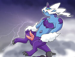 alternate_form blush cloud diphallia diphallism dragon furry hemipenes horn looking_at_viewer male multi_penis penis pokemon scalie thundurus