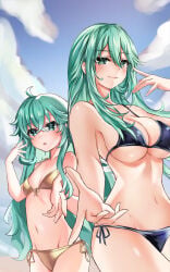 2girls beach bikini black_bikini blue_sky blush breasts cloud date_a_live gold_bikini green_eyes green_hair hair_between_eyes huge_breasts kyouno_natsumi kyouno_natsumi_(adult) liranxisn long_hair looking_at_viewer multiple_girls navel outdoors side-tie_bikini sky smile stomach swimsuit twintails water wet wet_clothes