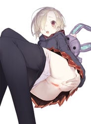 bottomless clothed hoodie idolmaster idolmaster_cinderella_girls ji_no panty_pull pantyhose pussy shirasaka_koume