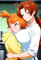 2girls ahoge ai_generated aqua_eyes arms_around_waist asymmetrical_hair bangs blush breasts brown_eyes brown_hair busty closed_mouth clothing cooking delia_ketchum delia_ketchum_(pokemon) embracing female green_eyes hair_tie half-closed_eyes height_difference hood hood_down hoodie hug indoors jacket kasumi_(pokemon) kitchen large_breasts long_hair long_sleeves looking_at_viewer low_ponytail mature_female misty_(pokemon) multiple_girls orange_hair pants parted_bangs parted_lips pokemon ponytail shirt short_hair short_ponytail side_ponytail sink small_breasts smile stove tied_hair tile_floor tile_wall tiles upper_body white_shirt yellow_hoodie yellow_jacket yuri