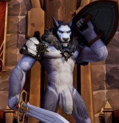 abs absurd_res anthro balls big_balls blizzard_entertainment bottomless canid canine canis clothed clothing flaccid foreskin fur genitals green_eyes grey_body grey_fur hi_res humanoid humanoid_genitalia humanoid_penis male male_anthro mammal melee_weapon muscular muscular_anthro muscular_male nuber nude penis sharp_teeth solo sword teeth topwear topwear_only vein veiny_penis warcraft weapon werecanid werecanine werecreature werewolf wolf worgen world_of_warcraft