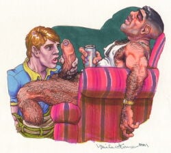 2001 2boys age_difference arm_hair balls big_penis black_hair blonde_hair can couch dated dog_tags erection foreskin gay hairy hairy_balls hairy_legs light_skin male male_only michael_kirwan military muscular nipples_visible_through_clothing original pants_down penis pubic_hair sleeping surprised tank_top traditional_media uncircumcised veiny_penis white_tank_top wristwatch yaoi