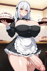 futanari futa_only futa_is_bigger futa_milf futa_mommy pokerh looking_at_viewer silver_hair short_hair red_eyes open_mouth pastry cake maid maid_uniform futa_maid maid_futa bakery cock futa_cock penis huge_cock veiny_penis flaccid_penis flaccid balls ballsack testicles huge_balls huge_testicles voluptuous voluptuous_body voluptuous_futa ai_generated penis_out penis_outside thighs thick_thighs huge_thighs thighs_bigger_than_head breasts huge_breasts breasts_bigger_than_head covered_breasts cleavage