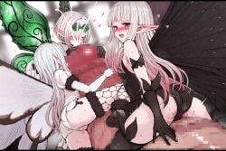 1boy 3girls absurdres airy_(bravely_default) anne_(bravely_second) antenna_hair ass black_gloves black_hair black_leotard black_thighhighs black_wings blue_eyes boots bravely_default:_fairy's_effect bravely_default:_flying_fairy bravely_default_(series) bravely_second:_end_layer breasts butterfly_wings censored closed_eyes coke-bottle_glasses commission commissioner_upload cum cum_on_body ejaculation elbow_gloves erection facial fairy fairy_wings glasses gloves green_wings gulp5959 heart highres hug humping insect_wings koonago leotard licking looking_at_viewer looking_back mini_person minigirl mosaic_censoring multiple_girls naughty_face open_mouth oral penis penis_hug pointy_ears pussyjob rinne_(bravely_default) short_hair size_difference skeb_commission small_breasts smile straddling sweat thigh_boots thighhighs thighs tongue tongue_out trembling white_gloves white_hair white_leotard white_wings wings
