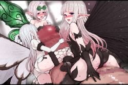 1boy 3girls absurdres airy_(bravely_default) anne_(bravely_second) antenna_hair ass black_gloves black_hair black_leotard black_thighhighs black_wings blue_eyes boots bravely_default:_fairy's_effect bravely_default:_flying_fairy bravely_default_(series) bravely_second:_end_layer breasts butterfly_wings censored coke-bottle_glasses commission commissioner_upload elbow_gloves erection fairy fairy_wings glasses gloves green_eyes green_wings gulp5959 heart highres hug humping insect_wings koonago leotard looking_at_viewer looking_back mini_person minigirl mosaic_censoring multiple_girls naughty_face open_mouth penis penis_hug pointy_ears pussyjob rinne_(bravely_default) short_hair size_difference skeb_commission small_breasts smile straddling sweat thigh_boots thighhighs thighs white_gloves white_hair white_leotard white_wings wings