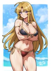 1girls alluring armlet arms_under_breasts artist_name bare_shoulders big_breasts bikini black_bikini blonde_hair blue_sky blush clarisse_(fire_emblem) cleavage cloud commentary commission cowboy_shot crossed_arms curtained_hair embarrassed english_commentary facing_viewer fire_emblem fire_emblem:_new_mystery_of_the_emblem front-tie_bikini_top front-tie_top frown gluteal_fold gold_armlet high_res intelligent_systems jewelry ko-fi_commission long_hair looking_to_the_side navel nintendo ocean purple_eyes red_bikini rotomdocs side-tie_bikini_bottom sideboob sideways_glance signature sky standing stomach sweatdrop swimsuit toned toned_female under_boob