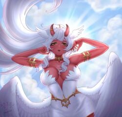 1girl akumi angel_wings armlet bare_shoulders breasts cleavage dark_skin day feathered_wings feathers head_wings horns indie_virtual_youtuber jewelry large_breasts long_hair looking_at_viewer monster_girl open_mouth red_skin sky solo spread_wings vyugen white_hair white_wings wings yellow_eyes