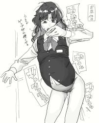 1girl absurdres big_belly bottomless breasts commentary_request greyscale highres inflation long_hair mattsuu monochrome open_mouth original small_breasts sweat translation_request vest