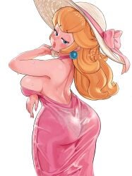 1girls absurd_res absurd_resolution absurdres arm_under_breasts ass ass_focus ass_in_dress back backless_dress backless_outfit bare_back bare_shoulders big_ass big_breasts big_butt blonde_hair blue_eyes blush blushing boobs_and_butt_pose bow breasts busty commentary curvaceous curvy curvy_female curvy_figure dress earring earrings eyelashes female female_focus female_only from_behind half-closed_eyes halter_dress halterneck hat hat_bow hat_ribbon hi_res high_resolution highres huge_ass huge_breasts jewelry large_ass large_breasts li1girl light-skinned_female light_skin lips lipstick long_eyelashes long_hair looking_at_viewer looking_back makeup mario_(series) mature_woman mineru128127 nail_polish narrowed_eyes nintendo official_alternate_costume open_mouth panties panties_visible_through_clothing pantylines pink_bow pink_dress pink_lips pink_nails pink_ribbon princess_peach ribbon see-through_clothes see-through_dress sideboob simple_background solo solo_female solo_focus sphere_earrings sun_hat super_mario_bros. sweat sweating sweaty sweaty_body sweaty_breasts thick_lips thick_thighs thighs underwear underwear_visible_through_clothing voluptuous voluptuous_female wet wet_clothes wet_dress white_background white_panties white_underwear