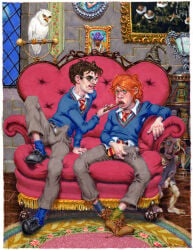 2boys blue_eyes book brown_hair bulge clothed couch detailed_background dobby elf erect_nipples_under_clothes erection gay ginger glasses harry_james_potter harry_potter hedwig indoors light_skin male male_only michael_kirwan owl pale_skin portrait_(object) ron_weasley sorting_hat tongue_out traditional_media unzipped visible_underwear yaoi