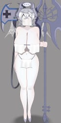 soroparipi enemy_controller yu-gi-oh! duel_monster labrynth_of_the_silver_castle lovely_labrynth_of_the_silver_castle brainwashing mind_control solo female_only standing pale_skin white_hair silver_eyes pointy_ears fringe axe weapon nude veil transparent string demon demon_wings demon_girl ... navel huge_breasts large_breasts mature_female younger_female princess queen twin_drills covered_nipples covered_face voluptuous voluptuous_female slave_girl slave fetish shoes shoes_only no_face faceless_female faceless faceless_character boobs hi_res