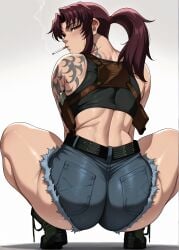 1girl 1girls ai_generated ass ass_focus belt big_ass big_ass_(female) black_lagoon boots brown_hair cigarette cigarette_in_mouth denim_shorts female female_focus female_only holster hotpants looking_at_viewer looking_back mrnails ponytail revy revy_(black_lagoon) short_shorts shorts smoking solo solo_female squatting tattoo white_background