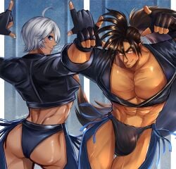 1boy 1girls 2023 abs ahoge angel_(kof) angel_(kof)_(cosplay) artist_name artist_signature ass assless_chaps back_view bangs bare_breasts beard_stubble beefy biceps big_bulge bikini_bottom black_fundoshi blue_background breasts breasts_bigger_than_head bulge bulge_through_clothing collarbone costume_switch daddy dancing dark_skin dat_ass dated dilf female fingerless_gloves fundoshi genital_outline gesture gloves haohmaru haoumaru hi_res hips hips_wider_than_shoulders hunk king_of_fighters long_hair looking_at_viewer looking_back male male_breasts manly mature_male mofnyan moobs muscles muscular muscular_arms muscular_legs muscular_male muscular_thighs no_body_hair pecs ponytail revealing_clothes rokushaku_fundoshi rolled_up_sleeves samurai_shodown sexy_pose short_hair six_pack skimpy smile smirk snk standing thick thick_eyebrows thick_legs thick_thighs tied_hair tough_guy veiny_breasts veiny_legs very_high_resolution very_long_hair white_hair yellow_background
