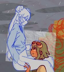 2girls abstract_background after_cunnilingus after_sex bottomless eleanor_forte flavor_foley goggles goggles_on_head gumi hand_on_head handholding holding_hands lesbian lesbian_couple lesbian_sex megpoid megpoid_gumi mv_character rain rndmpornart tagme twintails vocaloid water_the_roses_(flavor_foley) weathergirl_(flavor_foley) yuri