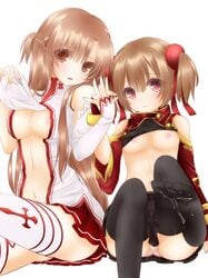 2girls aincrad areolae ayano_keiko bare_shoulders blush breasts brown_eyes brown_hair cum cum_on_body cum_on_lower_body detached_sleeves feet female female_only fingerless_gloves gloves hair_ribbon hand_holding highres holding_hands knights_of_the_blood large_breasts long_hair midriff miko_92 multiple_girls navel nipples no_shoes panties pantyshot red_eyes ribbon shirt_lift short_twintails silica sword_art_online tear thighhighs tied_hair toes twintails underwear yuuki_asuna