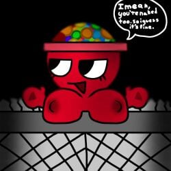 dandy's_world squirm_(dandy's_world) gigi_(dandy's_world) boobs_out trash_can in_trash_can trash gumballs gashapon red_body smiling looking_away invisible_male bad_art roblox dandys_world frailanimator_reference youtuber reference yuck