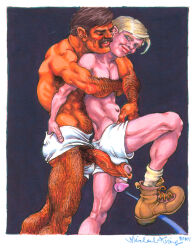 2001 2boys age_difference arm_hair armpit_hair ass balls_bulge big_penis black_background blonde_hair blue_eyes boots brown_hair closed_eyes dated erection foreskin gay hairy_legs light_skin male male_only michael_kirwan moustache muscular original penis penis_through_fly pubic_hair shirtless shorts simple_background tan_skin traditional_media uncircumcised veiny_penis yaoi