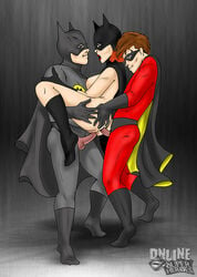 2boys barbara_gordon batgirl batman batman_(series) bruce_wayne dc dc_comics female human male online_superheroes robin_(dc) robin_(tim_drake) sex straight tagme threesome tim_drake