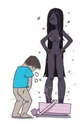 1boy 1girl ass barefoot black_hair blue_shirt boat brown_hair completely_nude cum dark-skinned_female dark_skin enderman feet_out_of_frame from_behind full_body hair_over_one_eye hands_on_own_hips lewdfish long_hair looking_at_another masturbation minecraft nipples no_mouth no_pants nude oar personification pubic_hair purple_eyes ribs shirt short_hair skinny steam steve_(minecraft) stomach stuck tall_female watercraft white_background