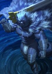 abs absurd_res anthro armor asian_clothing barazoku big_bulge big_muscles big_pecs blaidd_(elden_ring) body_hair bulge canid canine canis cape chest_hair clothing detailed_bulge east_asian_clothing elden_ring fangs fromsoftware fundoshi fur gauntlets genital_outline gloves greatsword grey_body grey_fur handwear hi_res holding_melee_weapon holding_object holding_sword holding_weapon japanese_clothing looking_at_viewer male mammal manly melee_weapon muscular muscular_anthro muscular_male pecs penis_outline plate_armor scar scars_all_over shirtless_male solo suck-nis sword sword_on_shoulder tail teeth underwear weapon wolf x_scar