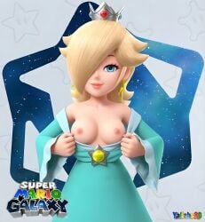 1girl ai ai_generated blonde_female blonde_hair blue_eye boobs boobs_out dress light-skinned_female light_skin mario_(series) nintendo princess_rosalina rosalina showing_boobs showing_breasts smiling super_mario_galaxy tits tits_out twitter_username username video_game_character video_game_franchise video_games visible_nipples x_username yallahs80