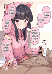 netorare netorase ntr cheating cheating_girlfriend cheating_female cheating_(relationship) momonosuke_(u-ma991028) senki_zesshou_symphogear tsukuyomi_shirabe 1girl 1boy black_hair short_hair blunt_bangs purple_eyes blush pink_hoodie cat_hoodie animal_hoodie cat_ears kigurumi pajamas sleeveless_hoodie handjob stroking kneading penis bar_censored censored pre-cum lubricant sitting on_bed bedroom cuckold english_text speech_bubble sound_effect colored manga_page explicit
