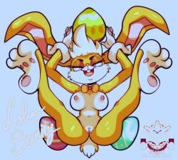 absurd_res anthro areola big_breasts big_ears blue_eyes bow_tie breasts buckteeth cheek_tuft clothing cosmicpussycat cuffs_(clothing) easter easter_egg eyelashes facial_tuft female front_view fur genitals gloves handwear head_tuft hi_res holidays lagomorph leporid lola_bunny long_ears looney_tunes mammal navel nipples nude open_mouth open_smile orange_body orange_bow_tie orange_fur pawpads pink_areola pink_nipples pink_nose rabbit smile solo spread_legs spreading tan_body tan_fur teeth thick_thighs tuft vulva warner_brothers white_clothing white_gloves white_handwear wide_hips
