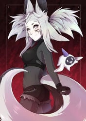 1girl animal_ears ass breasts crop_top dya_rikku_(vtuber) facial_mark fang fingerless_gloves fox_ears fox_tail gloves indie_virtual_youtuber looking_at_viewer looking_back medium_breasts midriff pantyhose shorts smile solo tail vyugen white_hair wolf_tail