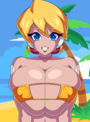 mega_man mega_man_x mega_man_x_dive alia blue_eyes blonde_hair short_hair robot_girl smile beach beach_background swimsuit bikini gold_bikini gold_swimsuit lipstick gold_lipstick huge_breasts solo 1girls rockmangrave