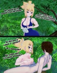 brown_hair green_eyes femboy muscular muscular_femboy sharp_teeth koikatsu 3d self_insert selfinsertedbro dr.stone kohaku_(dr.stone) blonde_hair blonde_female blonde blue_eyes muscular_female tied_hair paizuri boobs boobjob large_breasts large_penis 1boy 1girls nipples smile smiling nude text 2koma english_text nipple_slip areola_slip areolae skimpy_clothes skimpy seductive