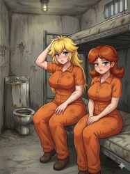 2girls ai ai_edit ai_generated big_boobs big_breasts blonde blonde_female blonde_hair blue_eyes boobs breasts brown_hair bunk_bed chest dirt dirty dirty_clothing edit female female_focus female_only filth gemini greasy_hair inmate inmates_clothing jail jumpsuit large_breasts large_chest long_hair long_hair_female mario_(series) medium_hair messy_hair nintendo orange_clothing orange_jumpsuit orange_uniform princess_daisy princess_peach prison prison_cell prison_jumpsuit prison_uniform prisoner round_breasts steel_toilet super_mario_bros. thick_thighs toilet uniform white_skin wide_hips